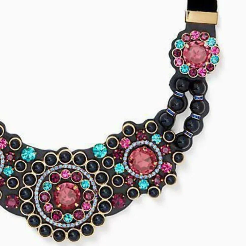 Kate Spade Statement Necklace Leather Crystal Pearl Beads Victorian Box